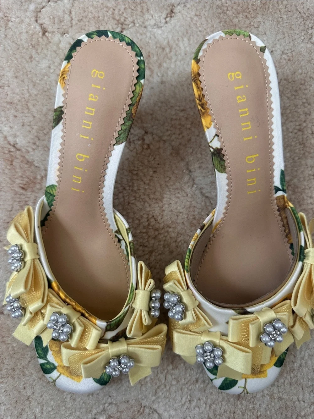 Gianni Bini Lele Embellished Yellow Floral Bow Pearl-Cluster Heels 6 - Picture 6 of 8